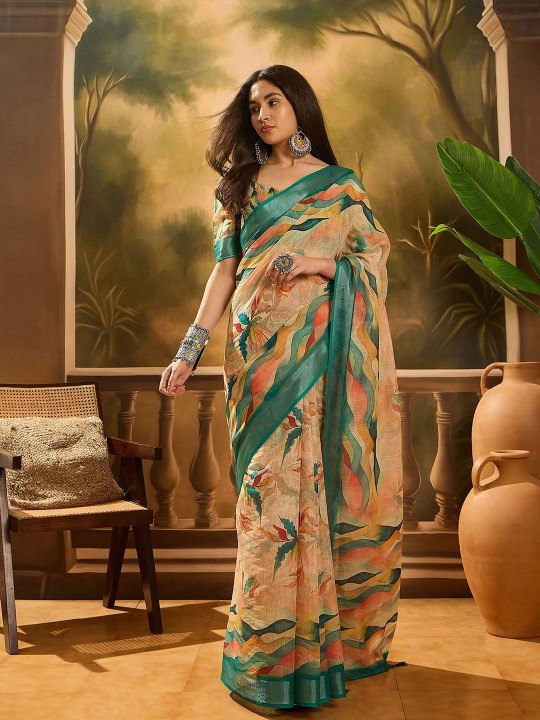 Sage Floral Ethnic Linen Cotton Saree