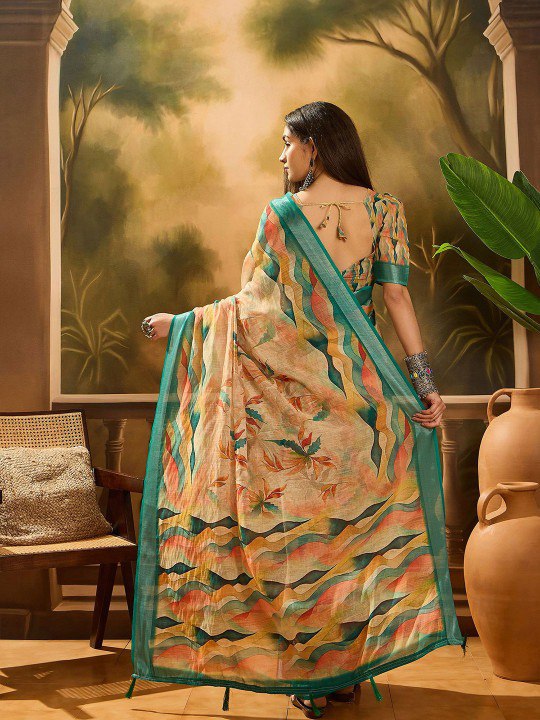 Sage Floral Ethnic Linen Cotton Saree