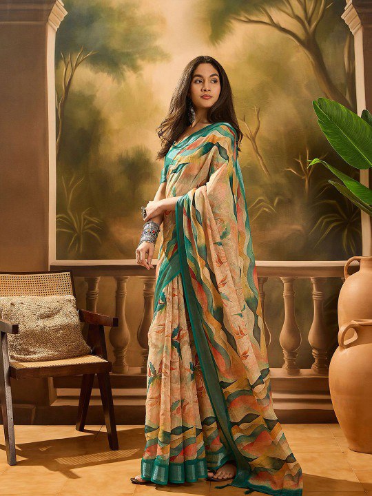 Sage Floral Ethnic Linen Cotton Saree
