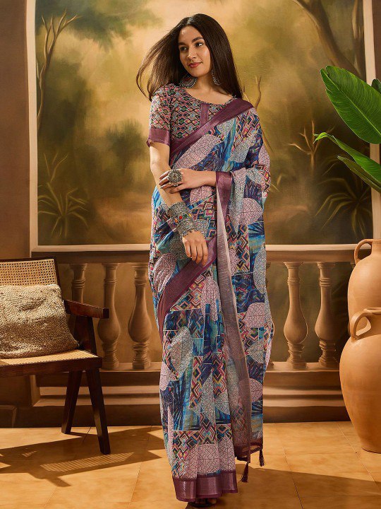 Beige Abstract Wave Linen Cotton Saree