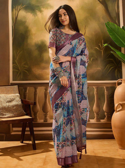 Beige Abstract Wave Linen Cotton Saree