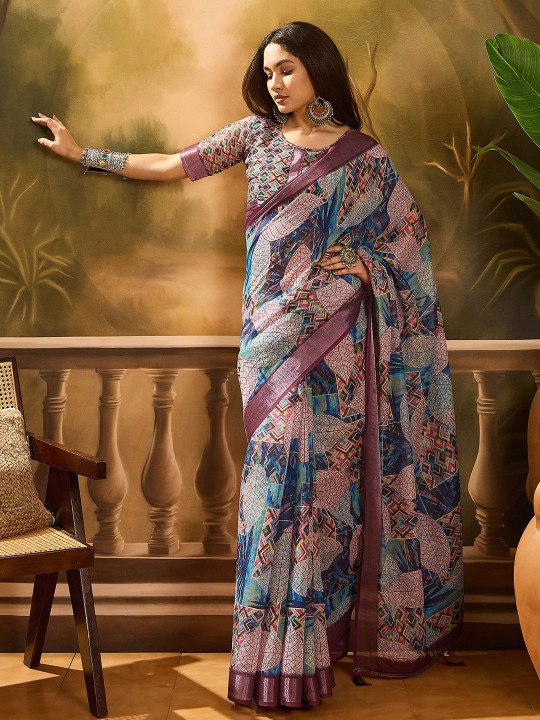 Beige Abstract Wave Linen Cotton Saree