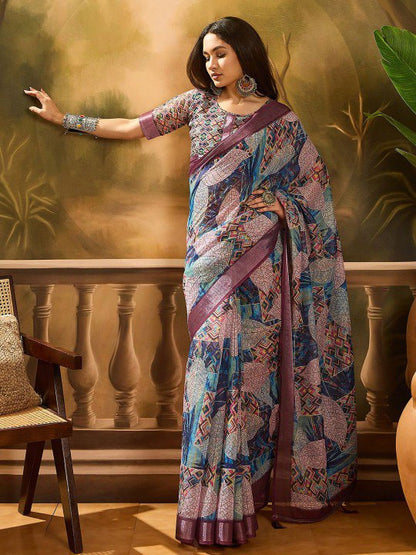 Beige Abstract Wave Linen Cotton Saree