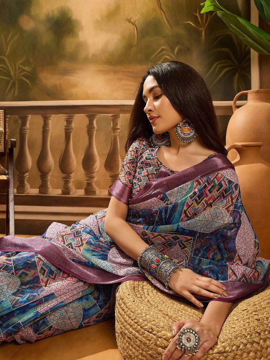Beige Abstract Wave Linen Cotton Saree