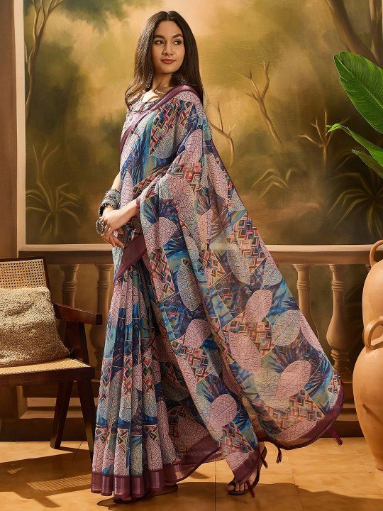 Beige Abstract Wave Linen Cotton Saree