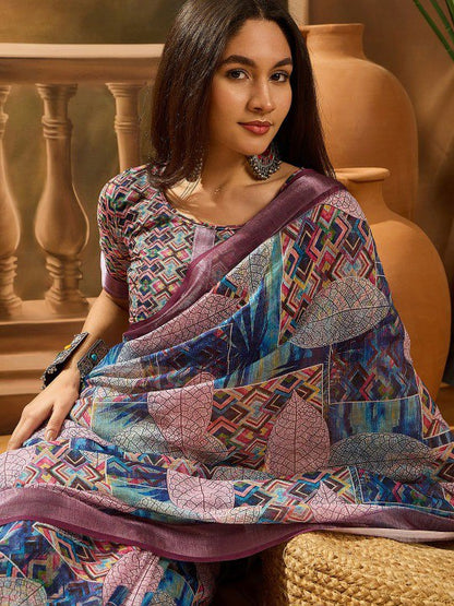Beige Abstract Wave Linen Cotton Saree