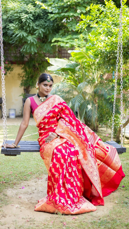 Crimson Flame Banarasi Silk Saree with Fiery Gold Zari Work