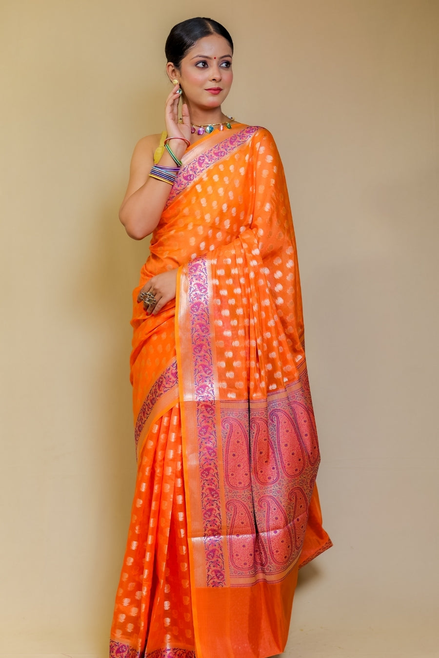 Radiant Orange Banarasi Italian Crepe Chinon Silk Saree with Paithani Style Pallu