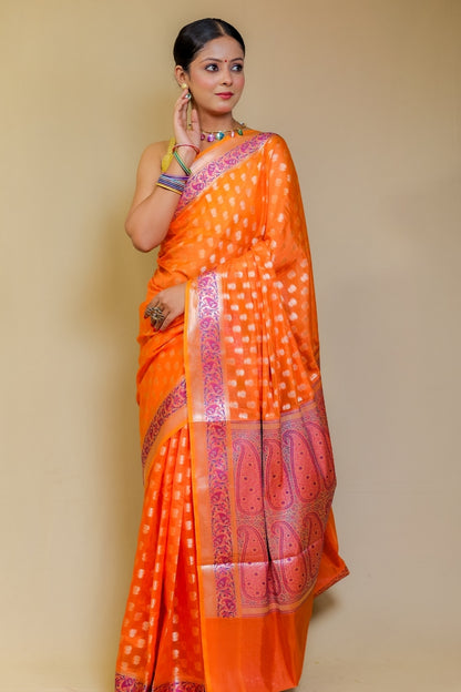 Radiant Orange Banarasi Italian Crepe Chinon Silk Saree with Paithani Style Pallu