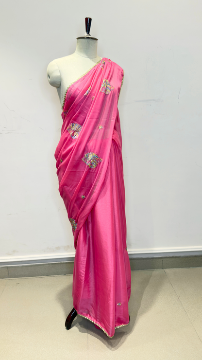 Banarashe Hot Pink Embroidered Saree with Multicolour Peacock Motifs & Golden Lace Border