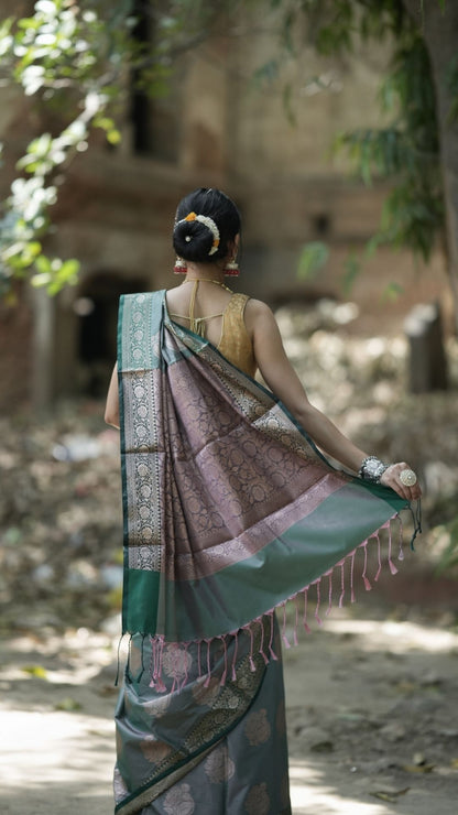 Semi Katan Zari Booti Saree – Slate Gray with Silver-Green Zari Border