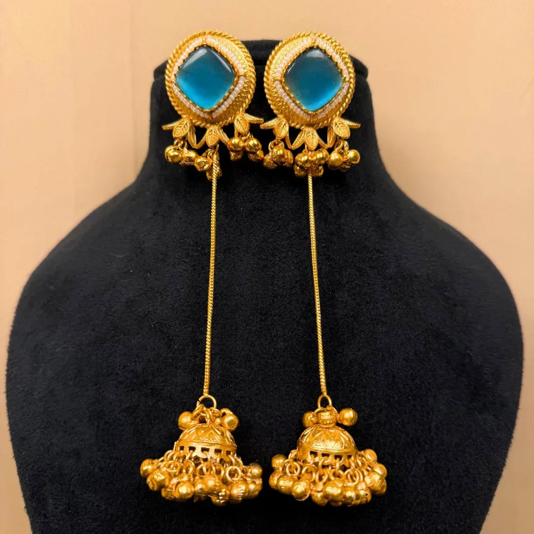 Earrings with Blue Stone, Long Chain Drop Danglers