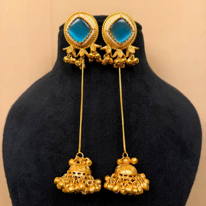 Earrings with Blue Stone, Long Chain Drop Danglers