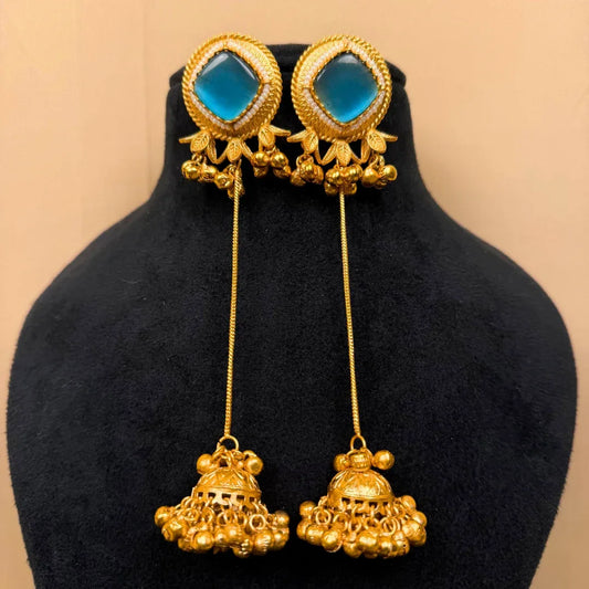Earrings with Blue Stone, Long Chain Drop Danglers