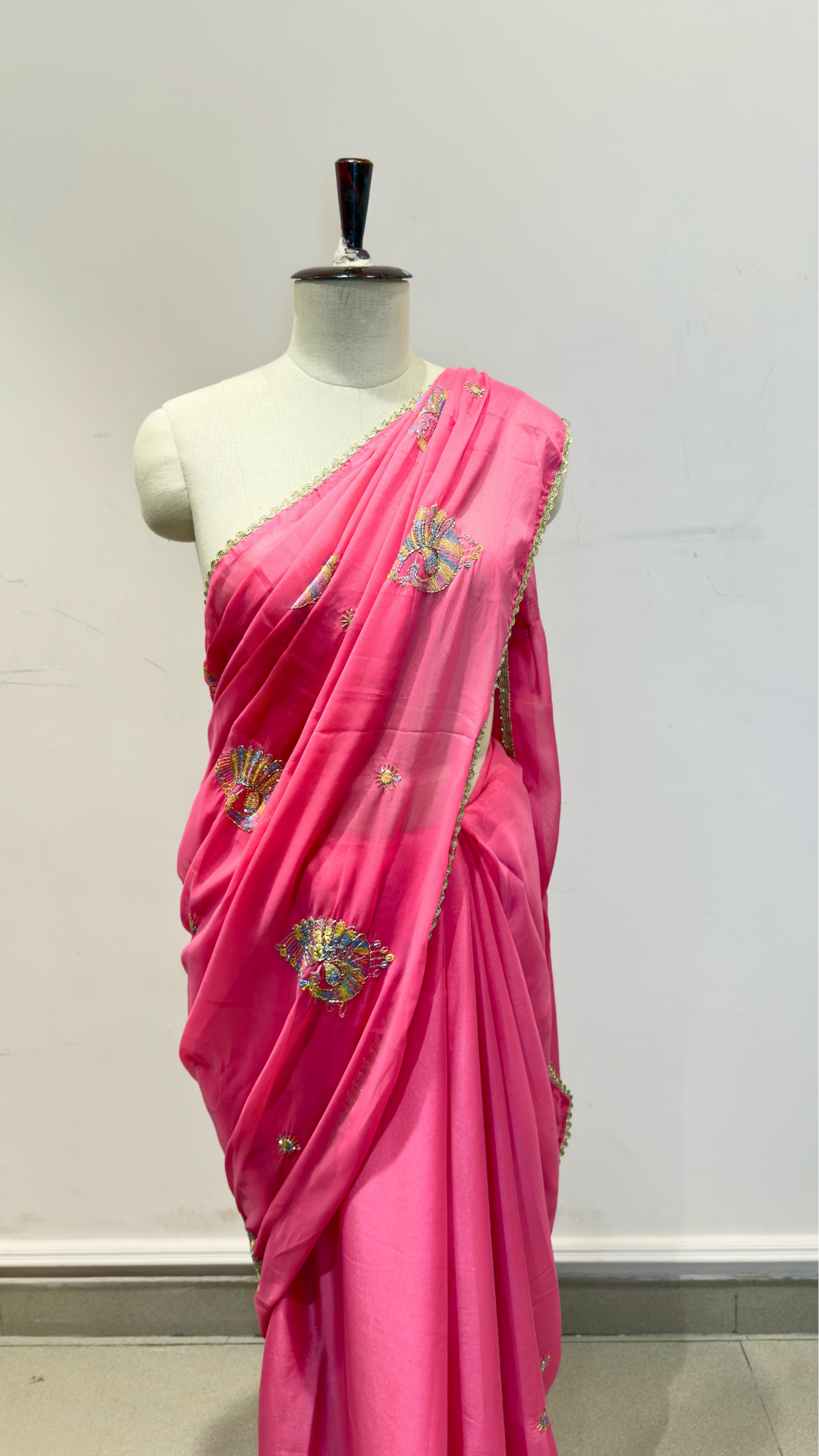 Banarashe Hot Pink Embroidered Saree with Multicolour Peacock Motifs & Golden Lace Border