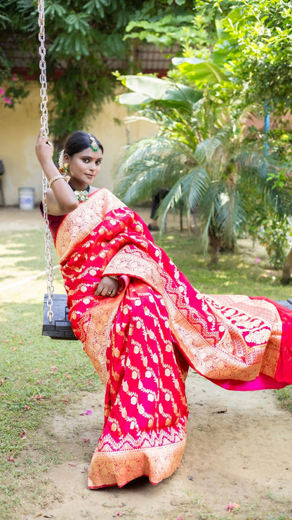 Crimson Flame Banarasi Silk Saree with Fiery Gold Zari Work
