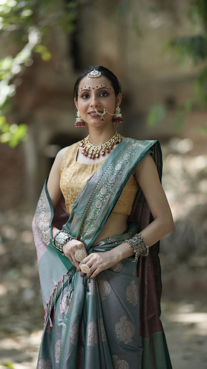 Semi Katan Zari Booti Saree – Slate Gray with Silver-Green Zari Border
