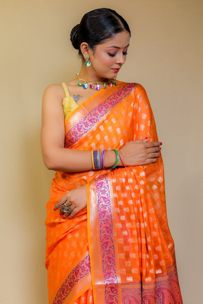 Radiant Orange Banarasi Italian Crepe Chinon Silk Saree with Paithani Style Pallu