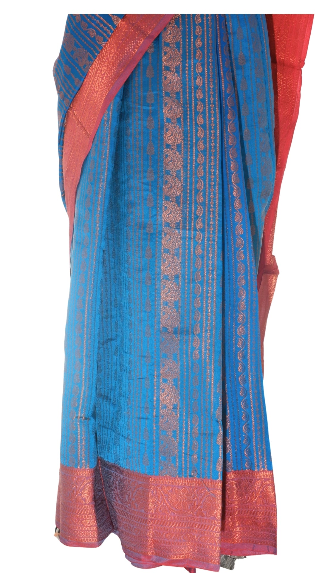 Blue with Orange and Golden Zari Contrast Banarasi Silk Saree