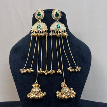 Gold Plated Chandbali Jhumka Earrings with Green Stone & Pearl Detailing