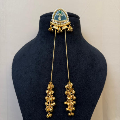 Gold Plated Kashmiri Jhumka Earrings with Blue Stone Stud & Pearl Border