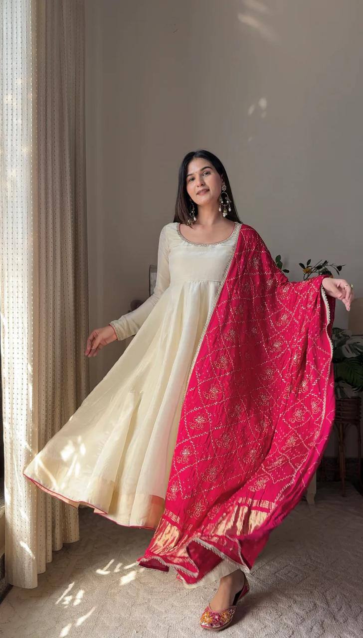 Banarashe Heritage: Ivory Chinon Gown Set with Vibrant Dupatta