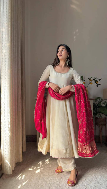 Banarashe Heritage: Ivory Chinon Gown Set with Vibrant Dupatta