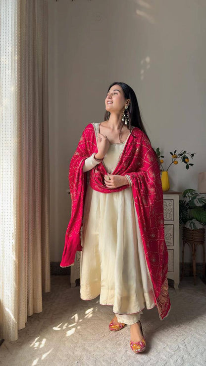 Banarashe Heritage: Ivory Chinon Gown Set with Vibrant Dupatta