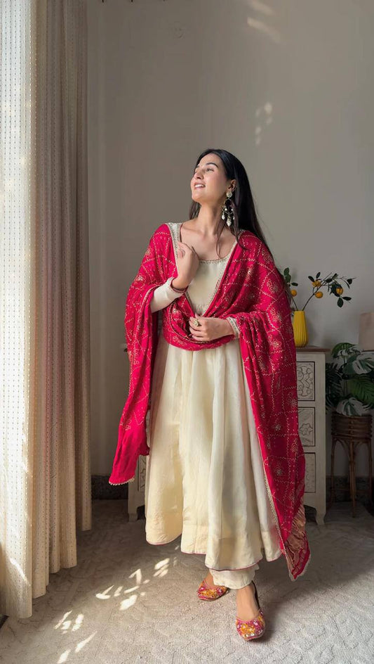 Banarashe Heritage: Ivory Chinon Gown Set with Vibrant Dupatta