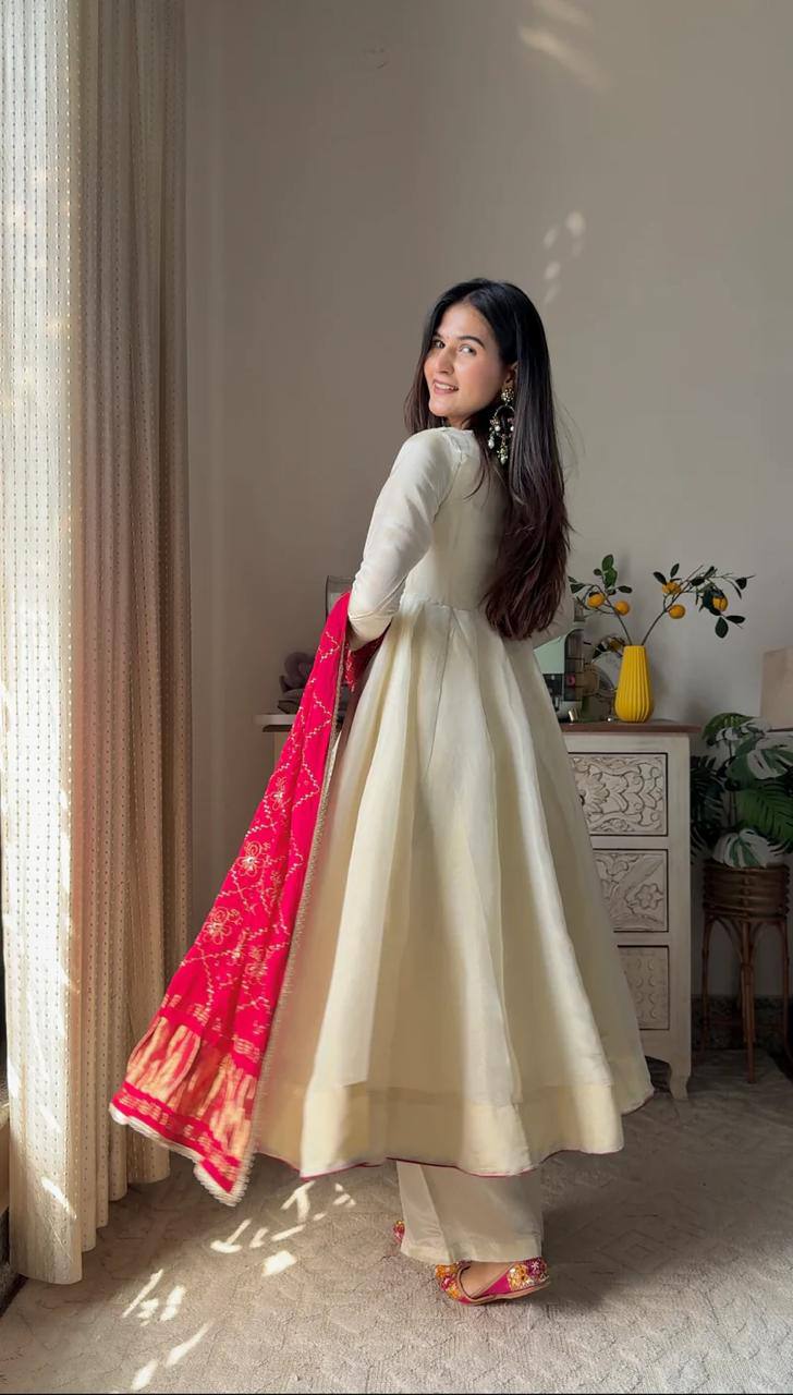 Banarashe Heritage: Ivory Chinon Gown Set with Vibrant Dupatta