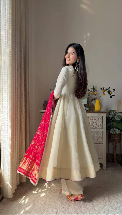 Banarashe Heritage: Ivory Chinon Gown Set with Vibrant Dupatta