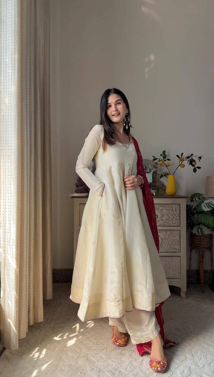Banarashe Heritage: Ivory Chinon Gown Set with Vibrant Dupatta