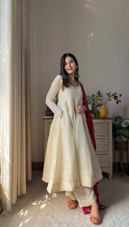 Banarashe Heritage: Ivory Chinon Gown Set with Vibrant Dupatta
