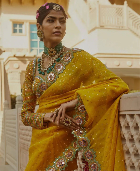 Bollywood Blockbuster Original Mirror Design Saree – Vibrant Yellow - Baranashe - Bollywood Blockbuster Original Mirror Design Saree – Vibrant Yellow