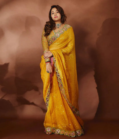 Bollywood Blockbuster Original Mirror Design Saree – Vibrant Yellow - Baranashe - Bollywood Blockbuster Original Mirror Design Saree – Vibrant Yellow