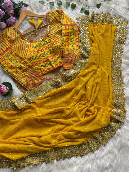 Bollywood Blockbuster Original Mirror Design Saree – Vibrant Yellow - Baranashe - Bollywood Blockbuster Original Mirror Design Saree – Vibrant Yellow