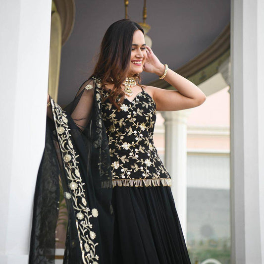 Exquisite Midnight Black Embroidered Indo-Western Lehengha Set