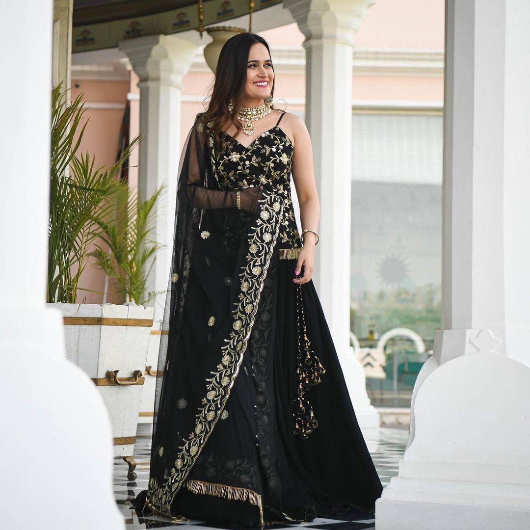 Exquisite Midnight Black Embroidered Indo-Western Lehengha Set