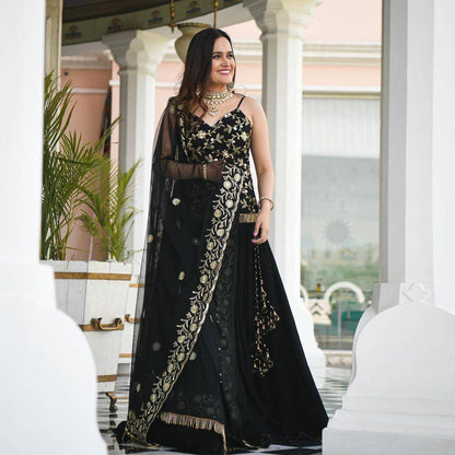 Exquisite Midnight Black Embroidered Indo-Western Lehengha Set