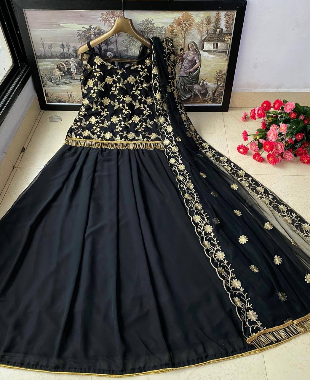 Exquisite Midnight Black Embroidered Indo-Western Lehengha Set