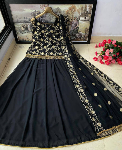 Exquisite Midnight Black Embroidered Indo-Western Lehengha Set