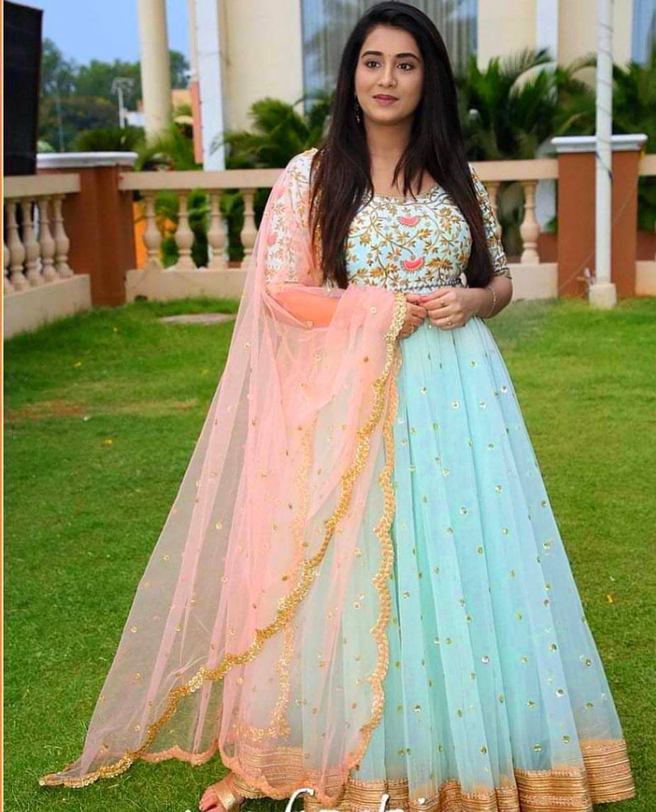 Sky Blue Embroidered Anarkali Gown with Peach Dupatta