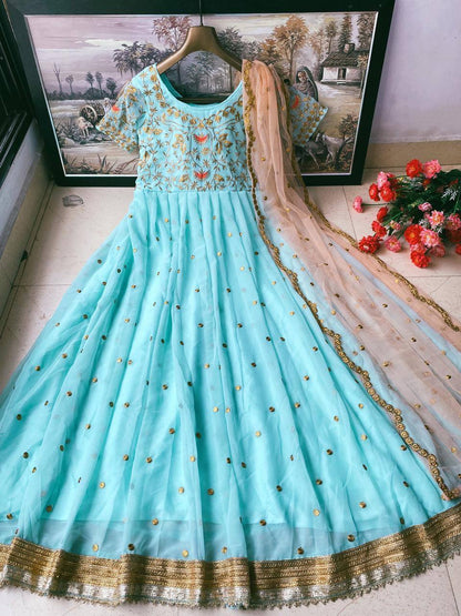 Sky Blue Embroidered Anarkali Gown with Peach Dupatta