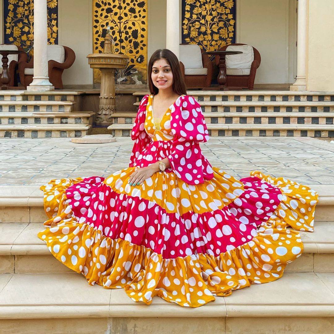 Whimsical Polka Dot Digital Print Georgette Anarkali Gown