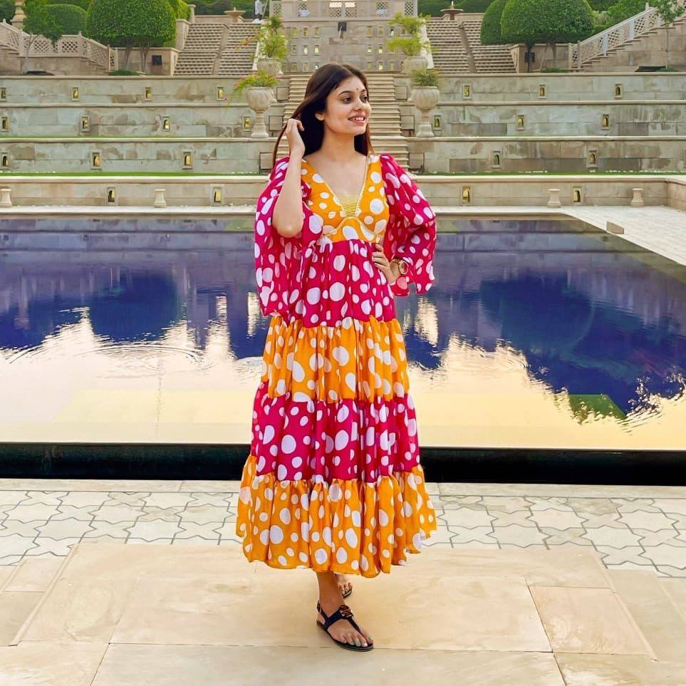 Whimsical Polka Dot Digital Print Georgette Anarkali Gown