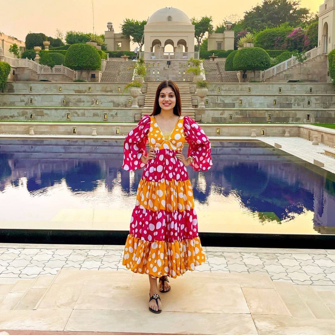 Whimsical Polka Dot Digital Print Georgette Anarkali Gown