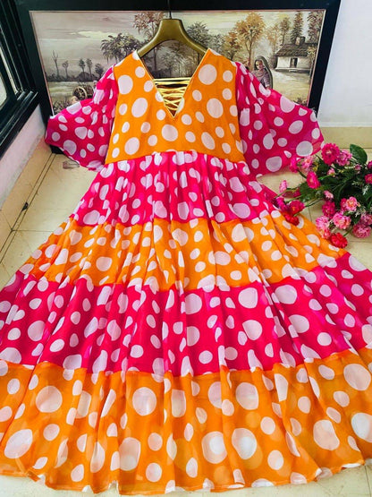 Whimsical Polka Dot Digital Print Georgette Anarkali Gown