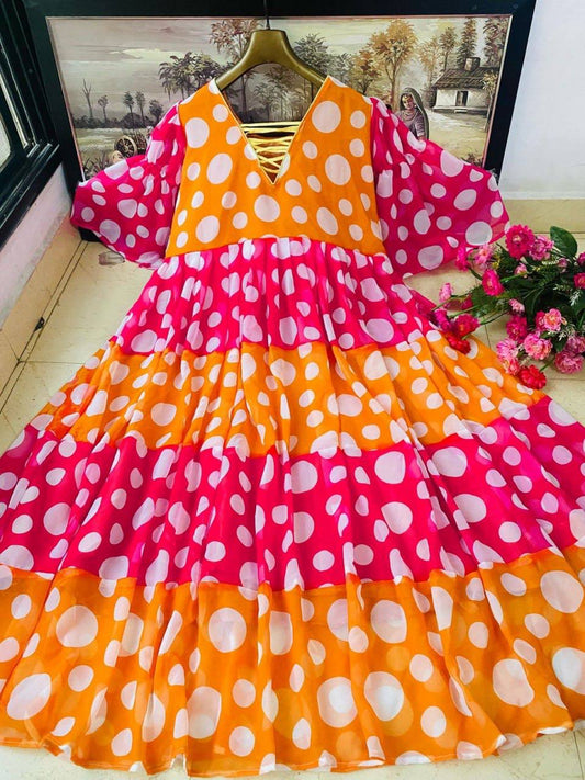 Whimsical Polka Dot Digital Print Georgette Anarkali Gown