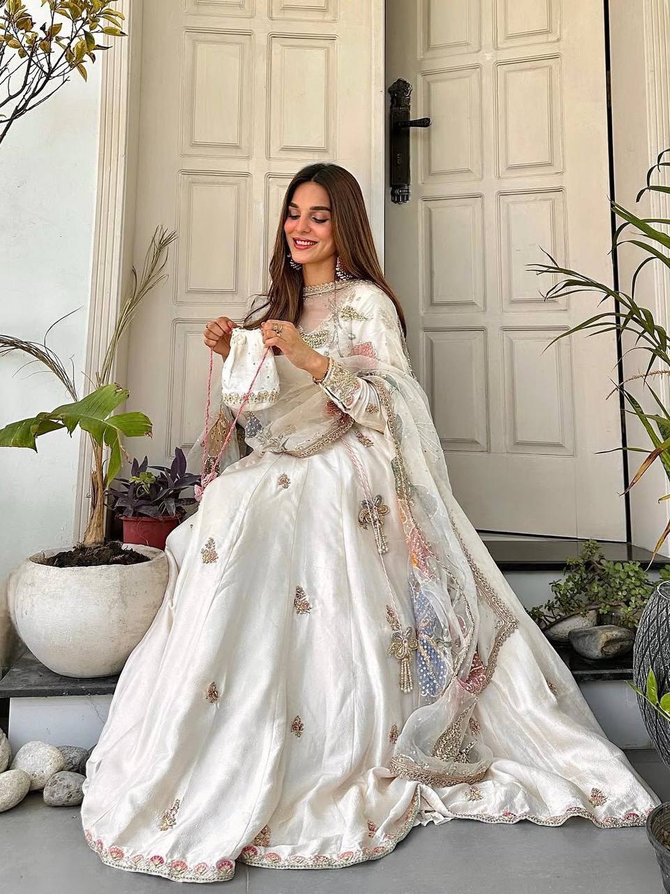 Elegant Chinon Gown Set with Embroidered Organza Dupatta