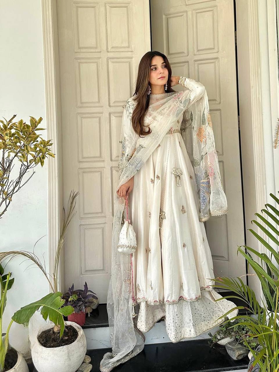 Elegant Chinon Gown Set with Embroidered Organza Dupatta